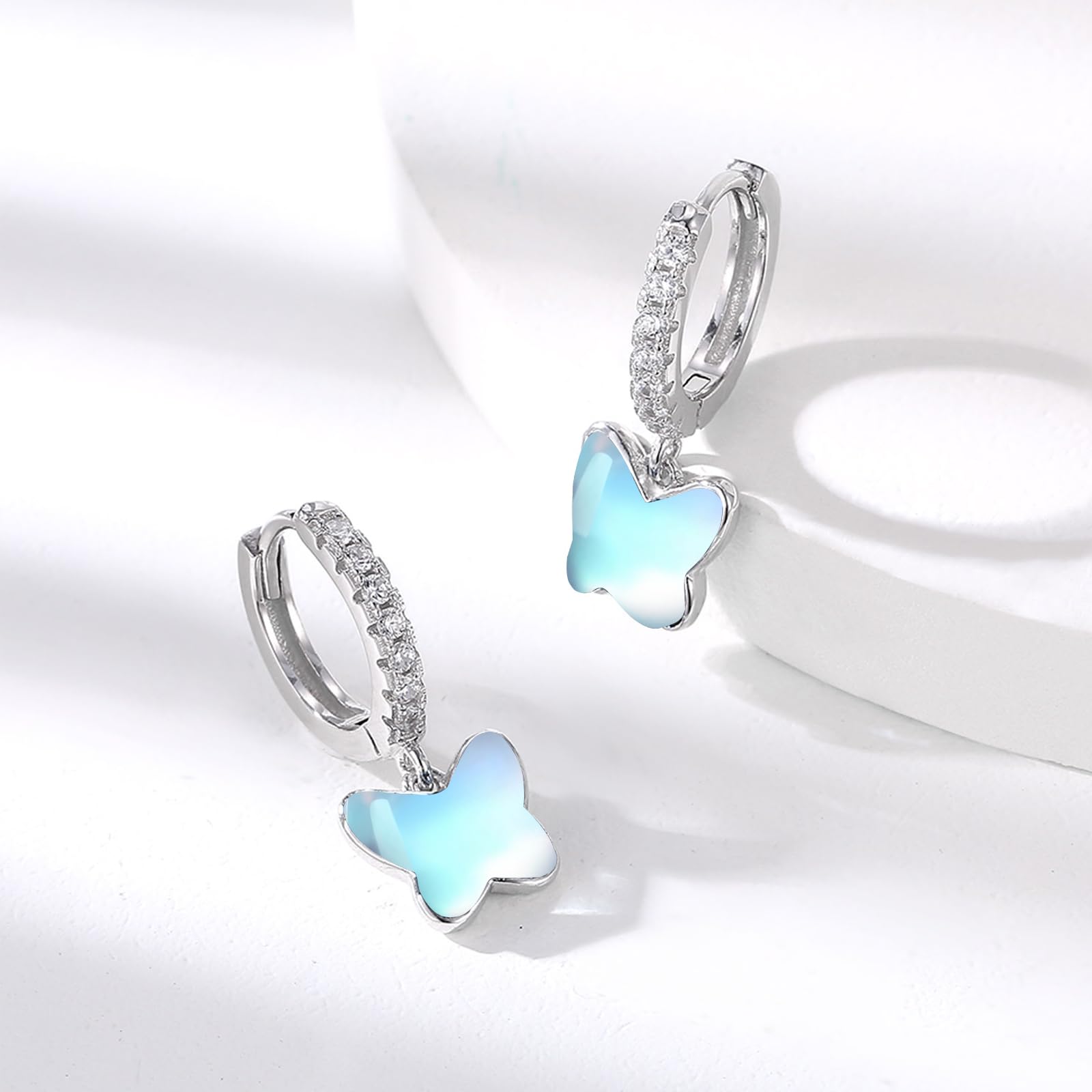 REDSUN S925 - Orecchini a cerchio in argento Sterling con farfalla, per bambine e bambini, colore: blu/rosa/viola/cristallo di opale, con zirconi e farfalla, per donne e bambini, 13 mm, Argento