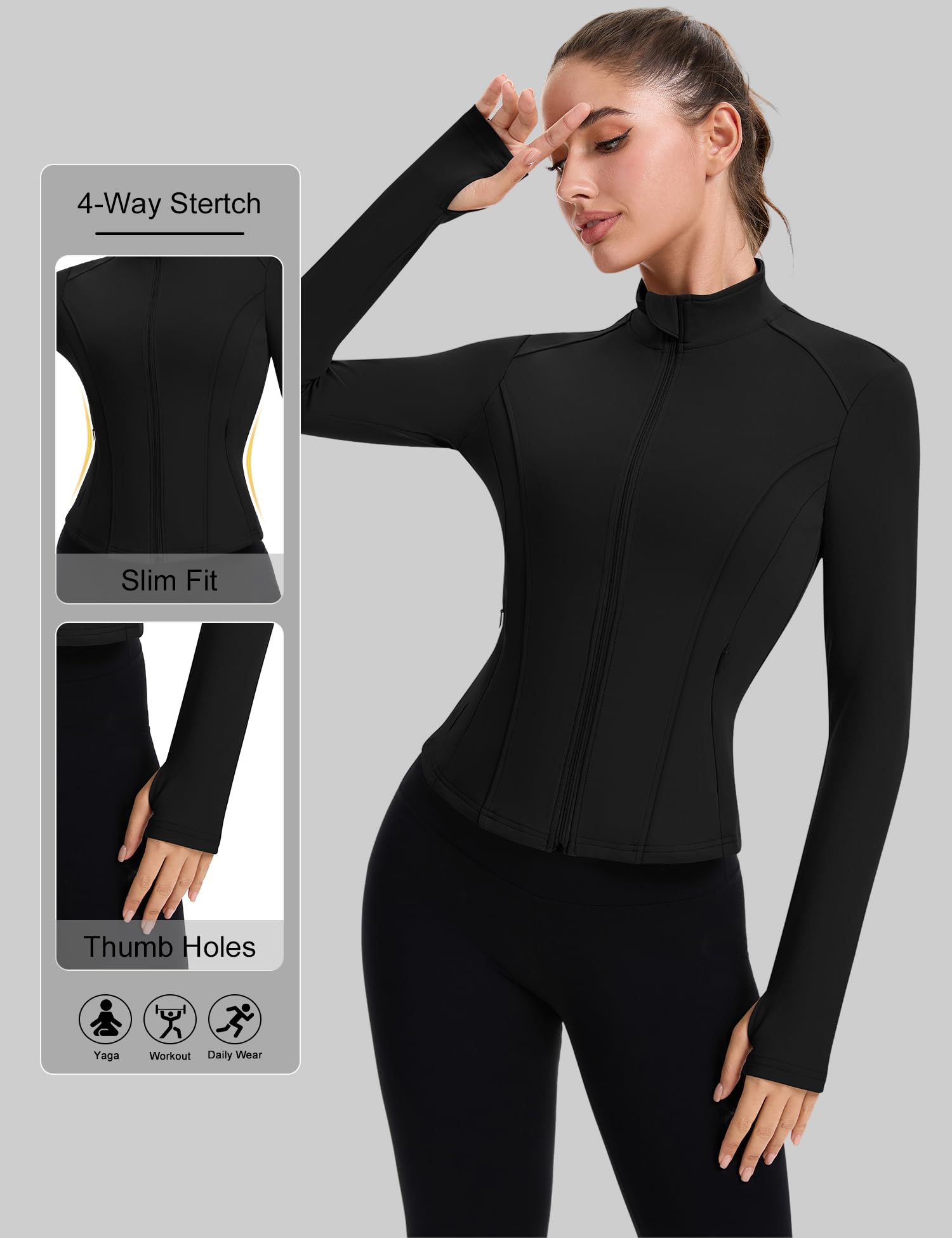 IECCP Haut de sport pour femme - Veste de course à pied à manches longues - Respirant - Vêtements de sport - Léger - Évacuation de l'humidité - Avec trou pour le pouce et poches latérales