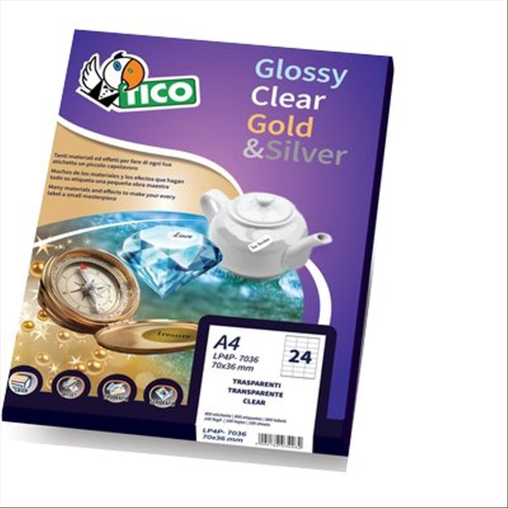 Tico PC4-36 - Etiquetas de poliéster, caja de 100 hojas, A4, diámetro 36 mm, transparente brillante