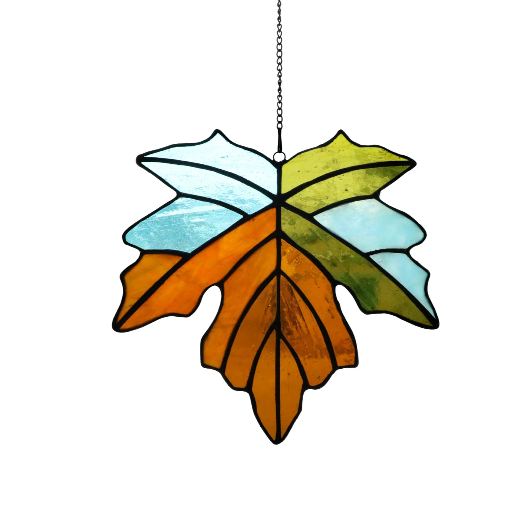 Blätter Buntglas-Fenster zum Aufhängen für Fenster mit Metallkette, Sonnenfänger, bunte Blätter, Ornament, Glas, Geschenk für Naturpflanzenliebhaber (Ahornblatt)