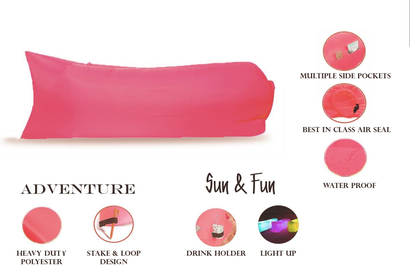 Air Sofa in a Bag, no Pump Easy Inflatable Lounger, with Pockets, 2 Variants: ADVENTURE Extra Long & Heavy Duty + Stake, SUN & FUN Lightweight with Drink Holder + Party LIGHT (Adventure Watermelon)
