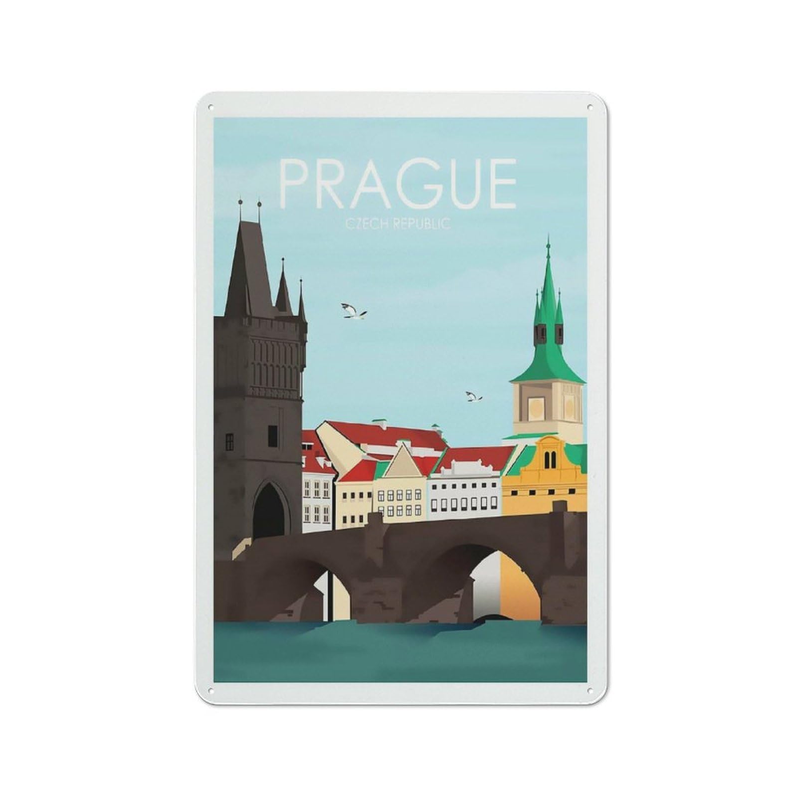 Junmoney Prague Retro Metal Wall Decor 30X20cm, Vintage Metal Sign For Coffee Bar, Small Shop Or Dining Room