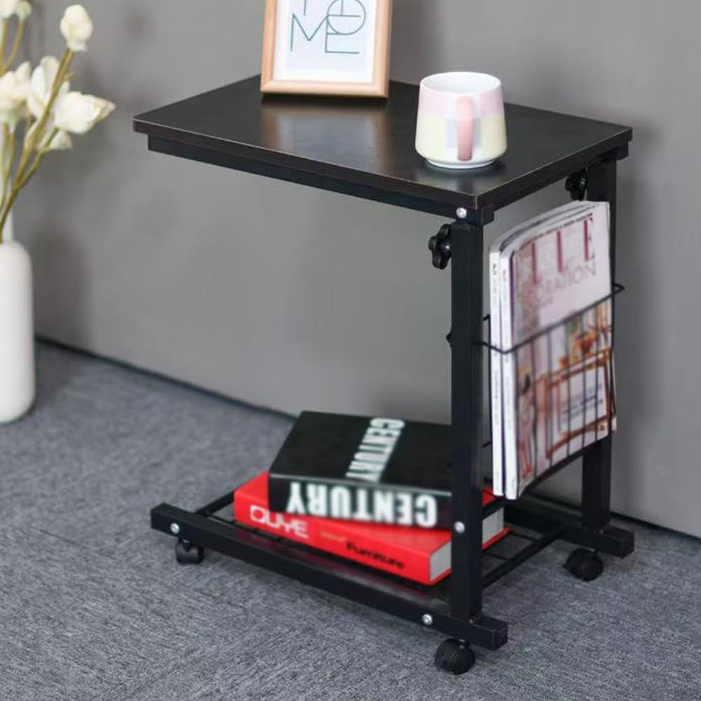 SXZenSpace Portable Adjustable Height C-Shaped Side Table for Couch, Small Rolling End Tables with Lockable Wheels,Snack Storage Space,Black