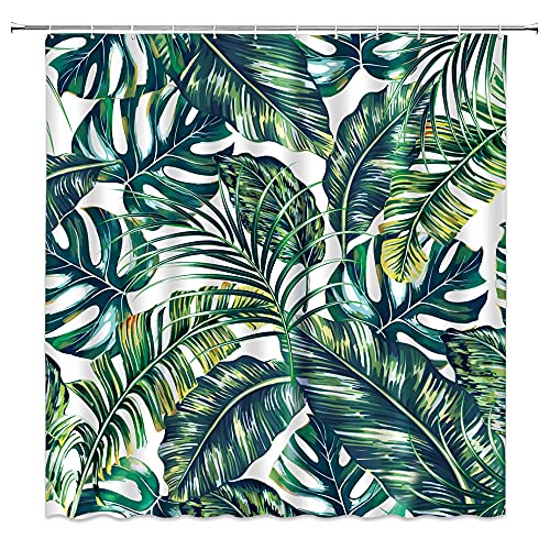 LIVEFUN Tropical Palm Leaves Shower Curtain Green Palm Banana Leaf Exotic Summer Plant Hawaii Wild Nature Jungle Botanical Fresh Fabric Bathroom Curtains Sets with Hooks,Green Blue