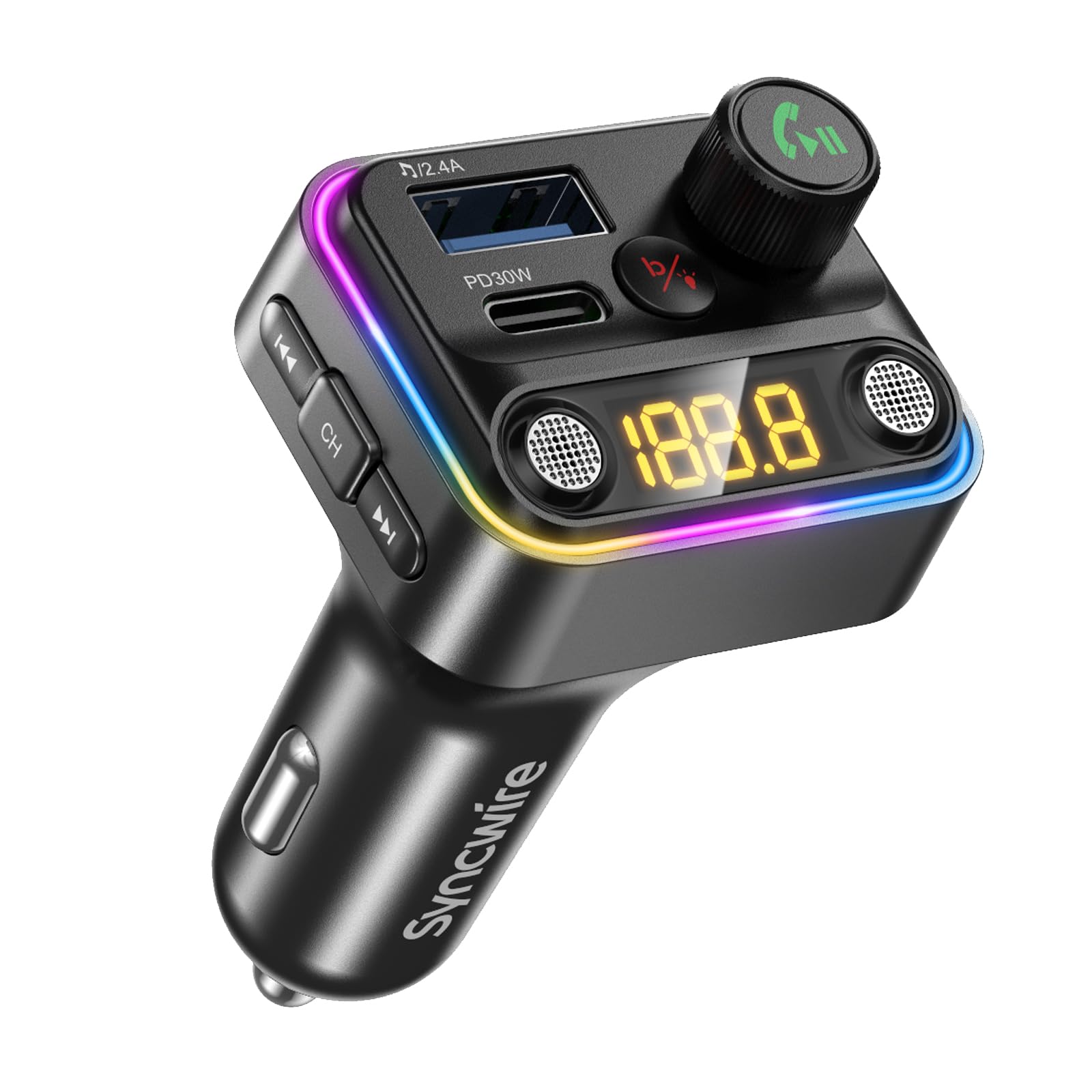 Syncwire Bluetooth 5.4 FM Transmitter Car Adapter 42W [Light Switch] [Stronger Dual Mics] [HiFi Bass Sound] [Fast Charging] Wireless FM Radio Music Adapter Hands-Free Calling Support USB Drive, Blue