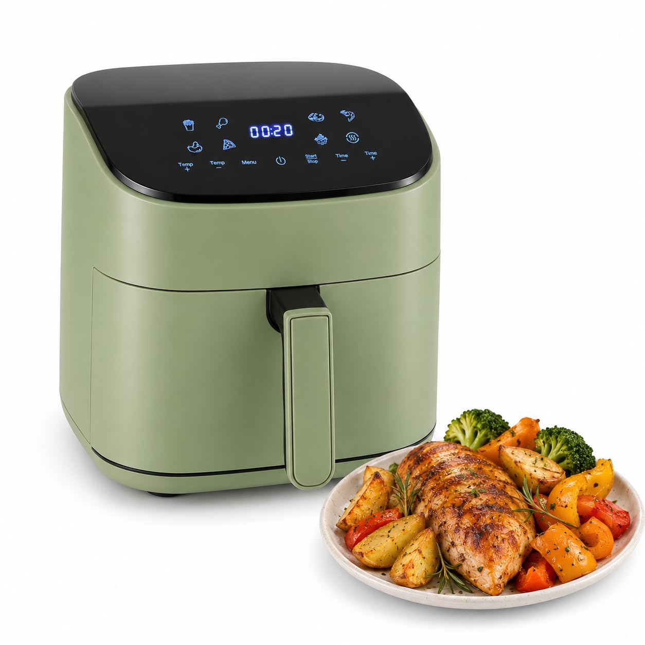 Iluminashop - Air Fryer Line Green Touch 6,5L, Freidora de Aire sin Aceite, 1600W, 8 Menús Digitales, Pantalla Táctil,Función Grill, Temporizador regulable, Temperatura 80-200°C, Fácil y Saludable
