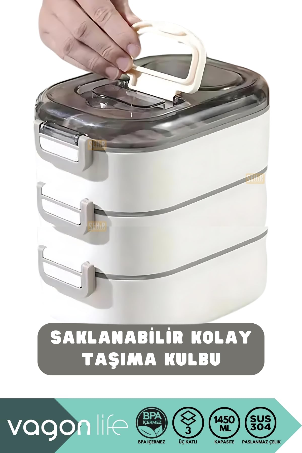 Vagonlife Bento 1450ml Lunchbox Üç Katlı 5 Bölmeli ve Mini Sosluklu Çelik Sefer Tası Yemek Kutusu (Lacivert)