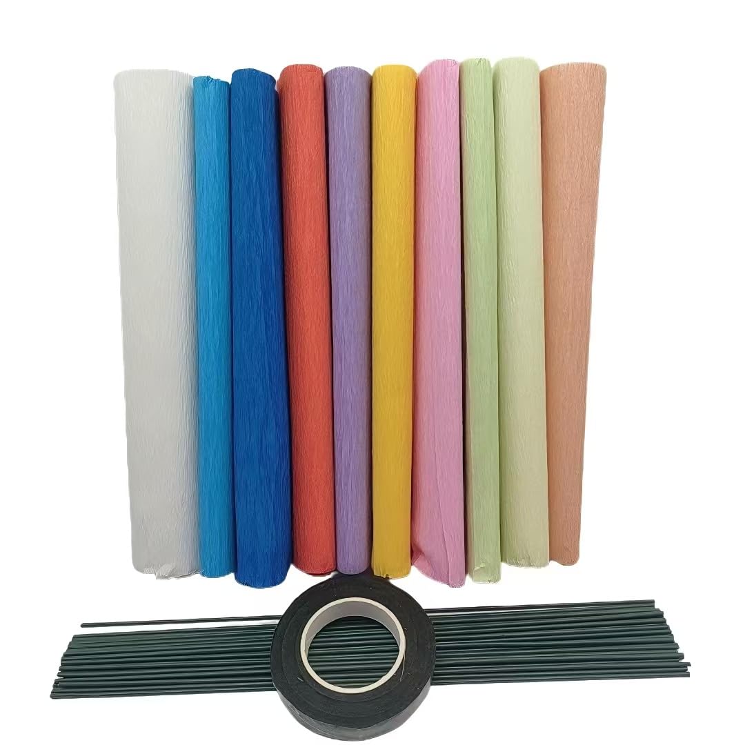 Lmlliang Lot de 10 rouleaux de papier crépon de couleurs – 250 × 25 cm, pour emballage cadeau, loisirs créatifs, anniversaire, mariage, vacances, fleurs (couleurs mélangées)