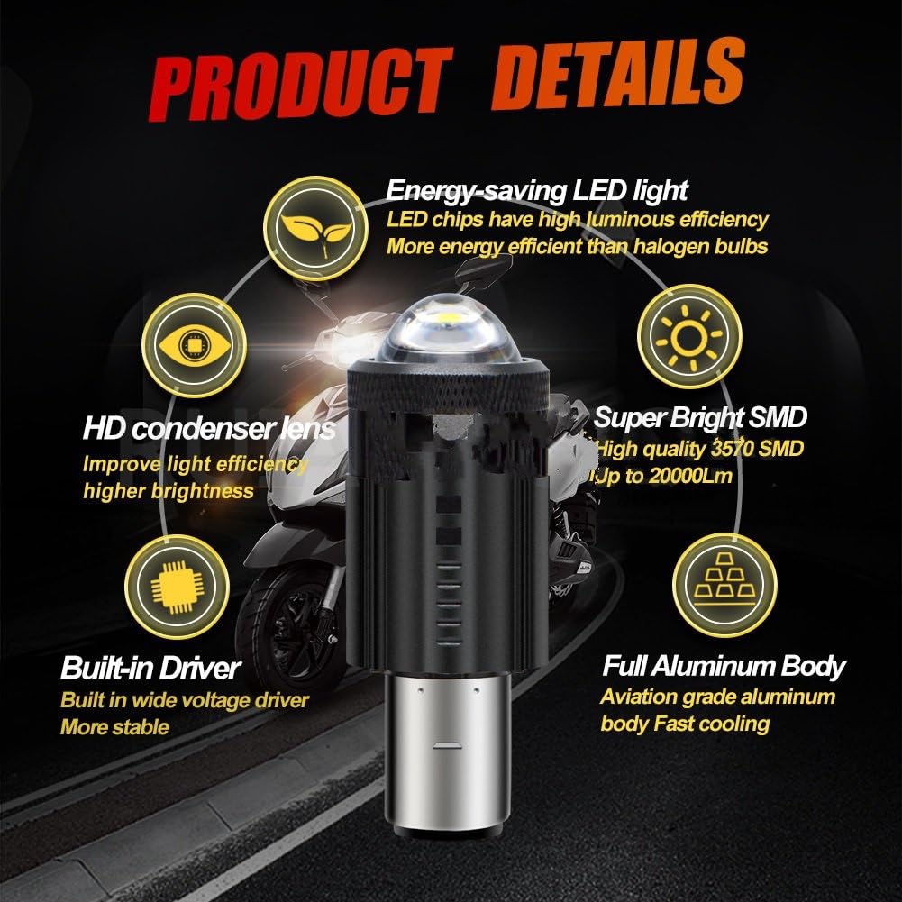 Dirt Bike Reflektor Żarówka Reflektora Motocykla LED BA20D 8-24V Hi/Lo Beam Wentylator Chłodzenie Moto Lampa Przeciwmgielna Reflektor 2000lm Biały 2 Szt.