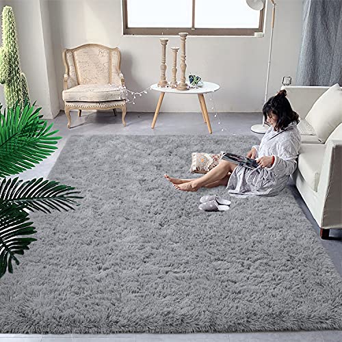 DweIke Fluffy Shaggy Rugs, 3x5 Feet Grey Plush Rugs for Girls Bedroom, Soft Kids Room Carpets, Small Bedside Rug, Upgrade Non-Slip Rugs for Children Nursery Dorm Home Decor, Grey