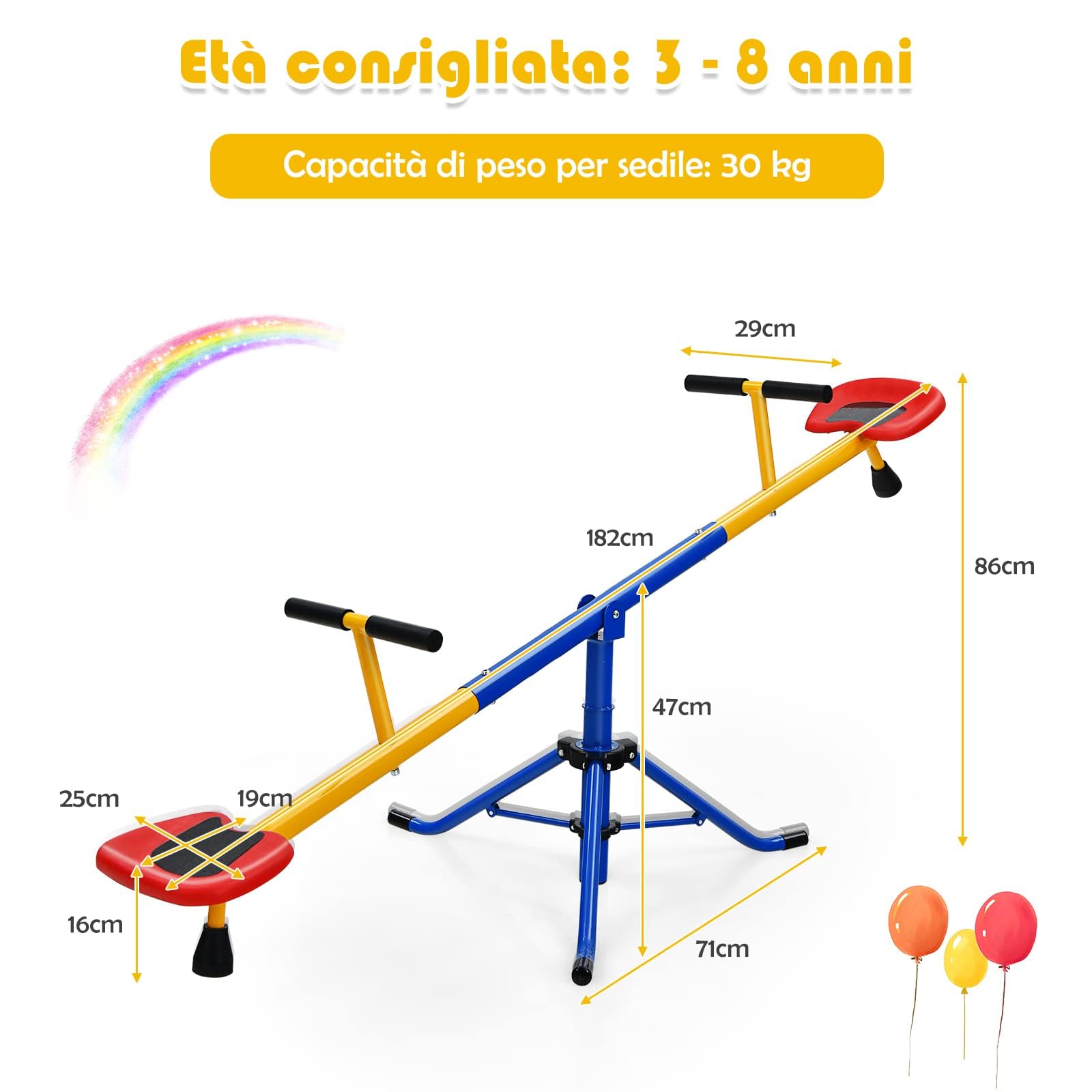 RELAX4LIFE Altalena a Dondolo per Bambini 3-8 Anni, Girevole 360° con Blocco per le Gambe, Maniglie Antiscivolo, Base a Tre Artigli in Acciaio, Carico di 60 kg, Gioco da Esterno per Scuola Materna