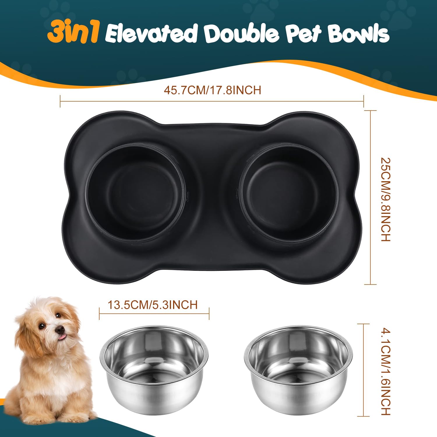 2 x 400 ml, ciotola per cani e gatti, in acciaio inossidabile, base antiscivolo, antitrabocco, anti-versamento, tappetino in silicone