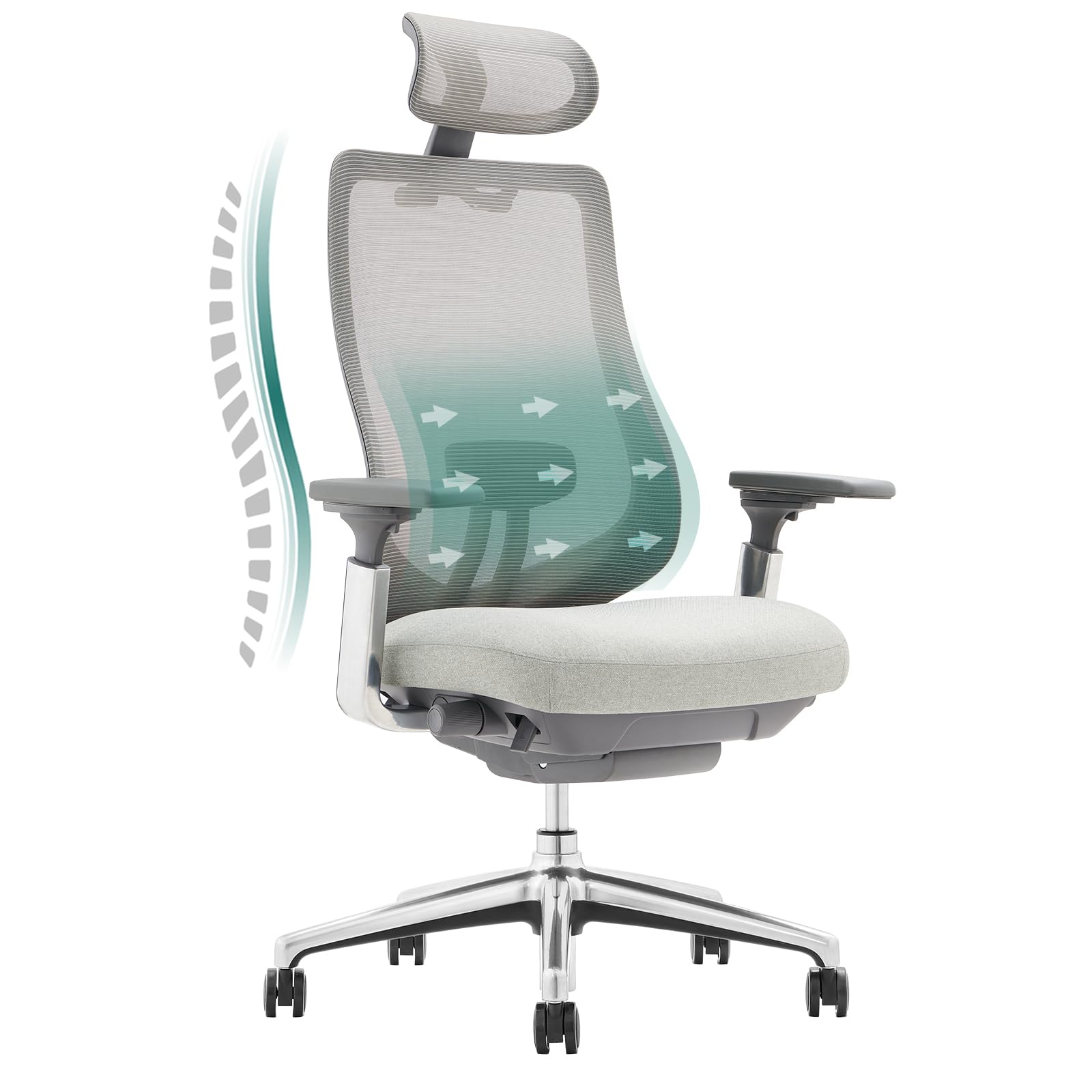 COLAMYErgonomic Mesh Office Chair, High Back Computer Executive Desk Chair with Adjustable Headrest and 4D Arms, Slide Seat, Tilt Lock-Light Grey