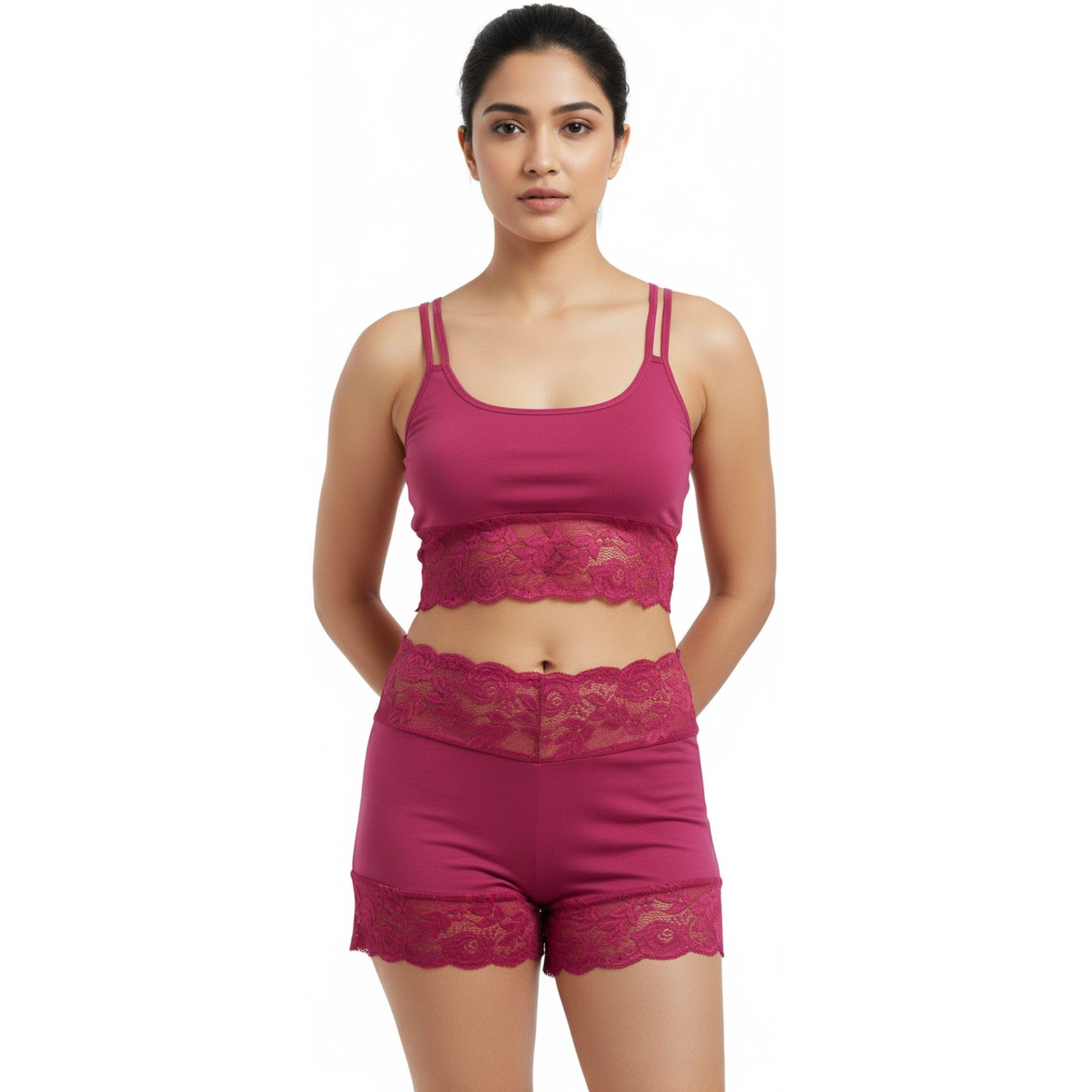 Women & Girls Golden Olive Lace Cami Shorts Nightwear Set | Soft Cotton Blend Stretch | Stylish All Season Sleepwear Set