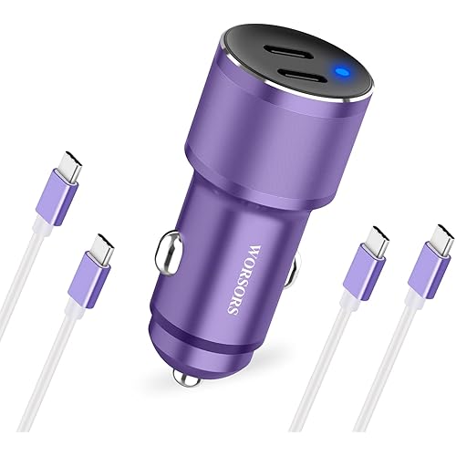 Dual 45W USB C Car Charger, 90W Max Super Fast Charging, All Metal 12V Cigarette Lighter Adapter for iPhone 17 Pro Max/16/15/iPad, Samsung Galaxy S25/S24, Google Phones with 2 Type C Cord 3.3ft Purple
