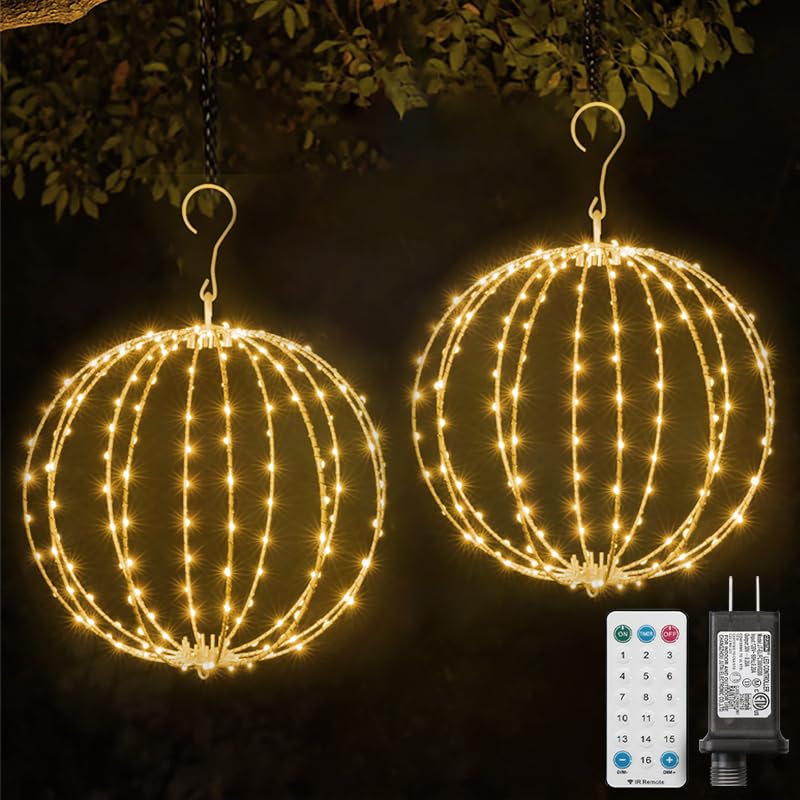 2 Pack Christmas Ball Light, 12IN Foldable Metal Sphere Lights, Connectable Waterproof 16 Modes with Timer, Hanging Tree Globe Lights for Holiday Christmas Decorations （Yellow
