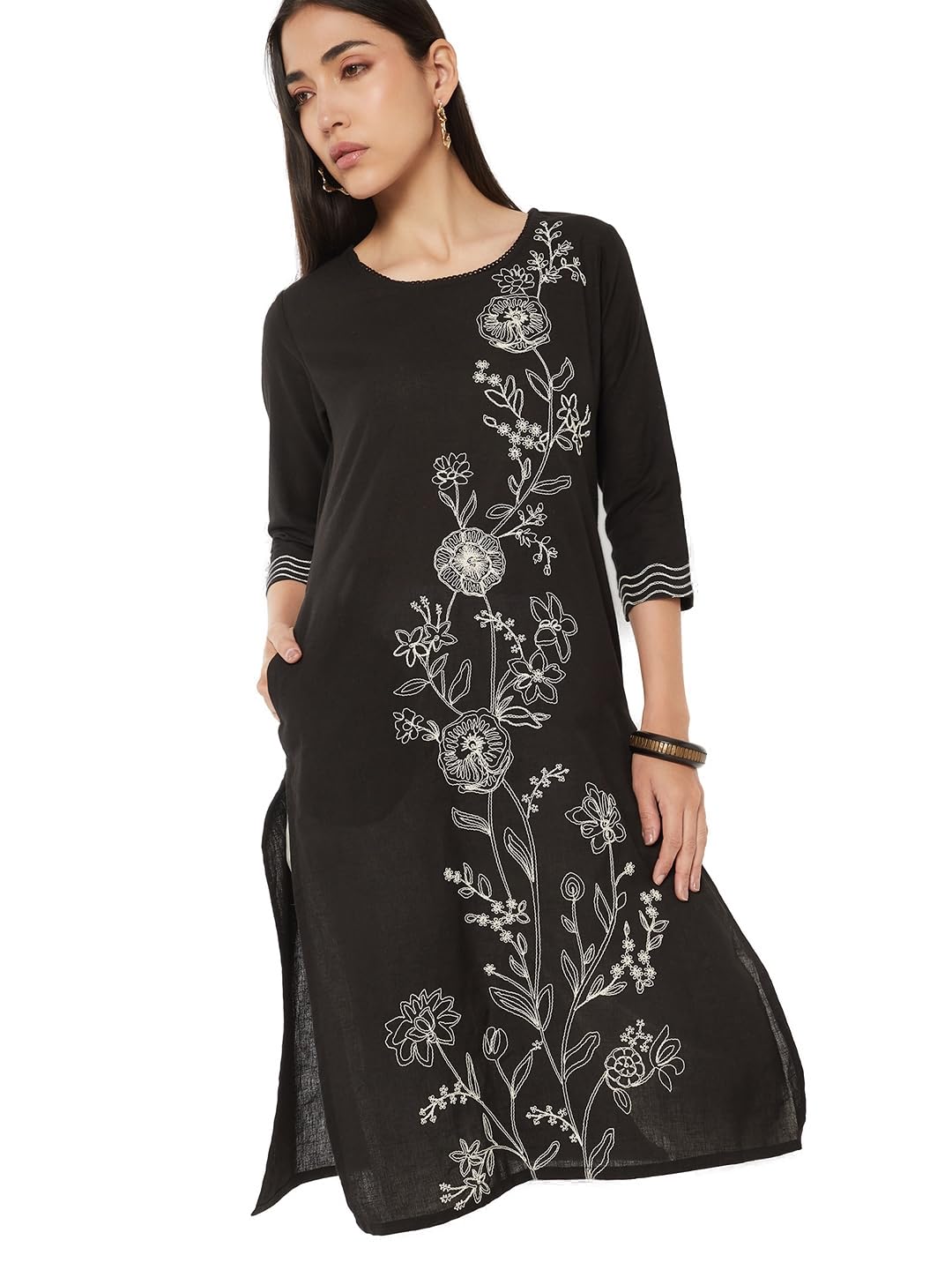 Flying Machine Women Embroidered Straight Kurta (Black_L) in black