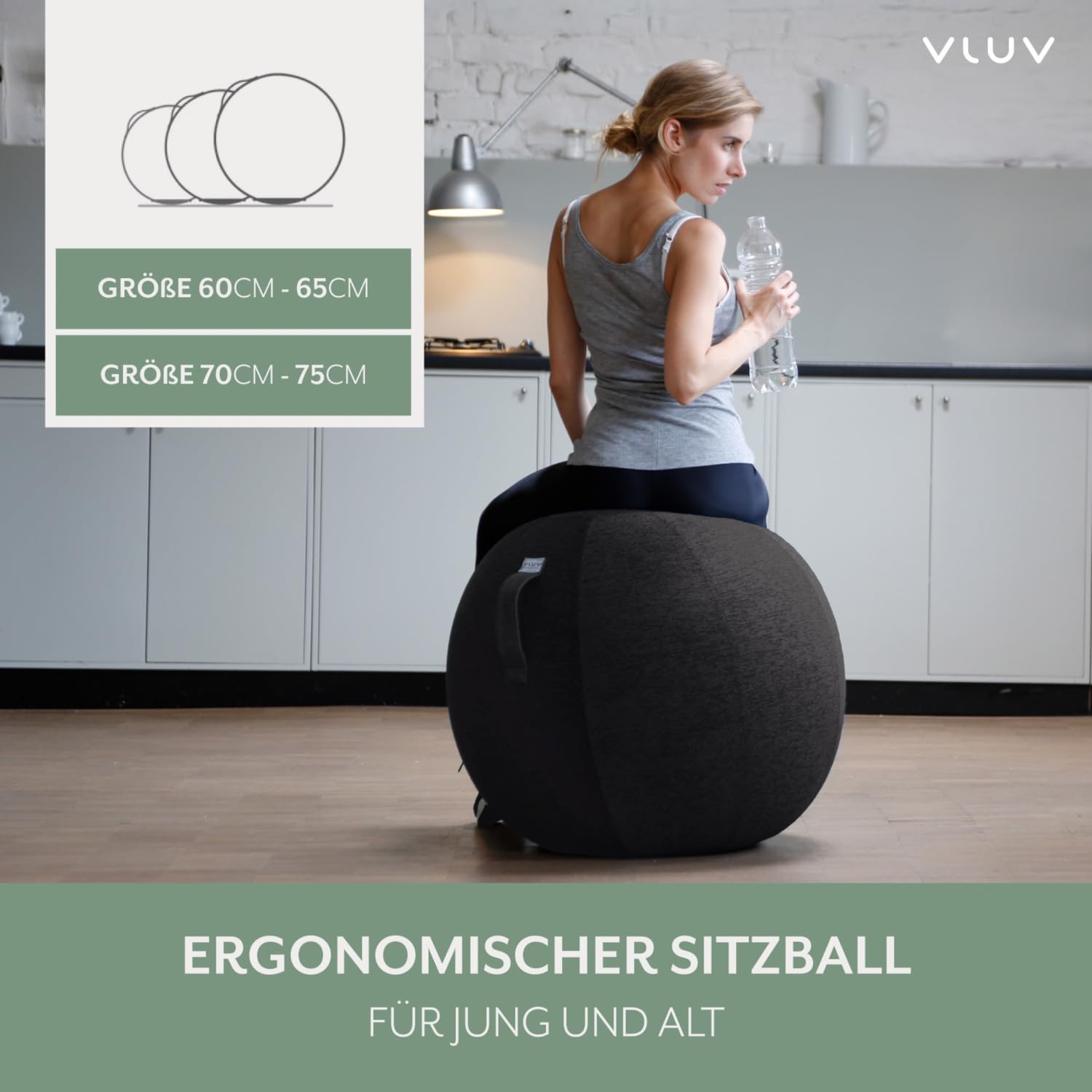 Ballon-siège VLUV STOV, siège ergonomique pour le bureau et la maison, couleur: Anthracite (gris foncé), Ø 60cm - 65cm, Tissu d’ameublement de qualité supérieure, robuste et indéformable avec une poignée de transport
