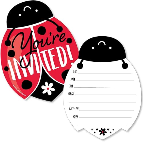 Happy Little Ladybug - Invitaciones de relleno en forma de baby shower o fiesta de cumpleaños con sobres, juego de 12