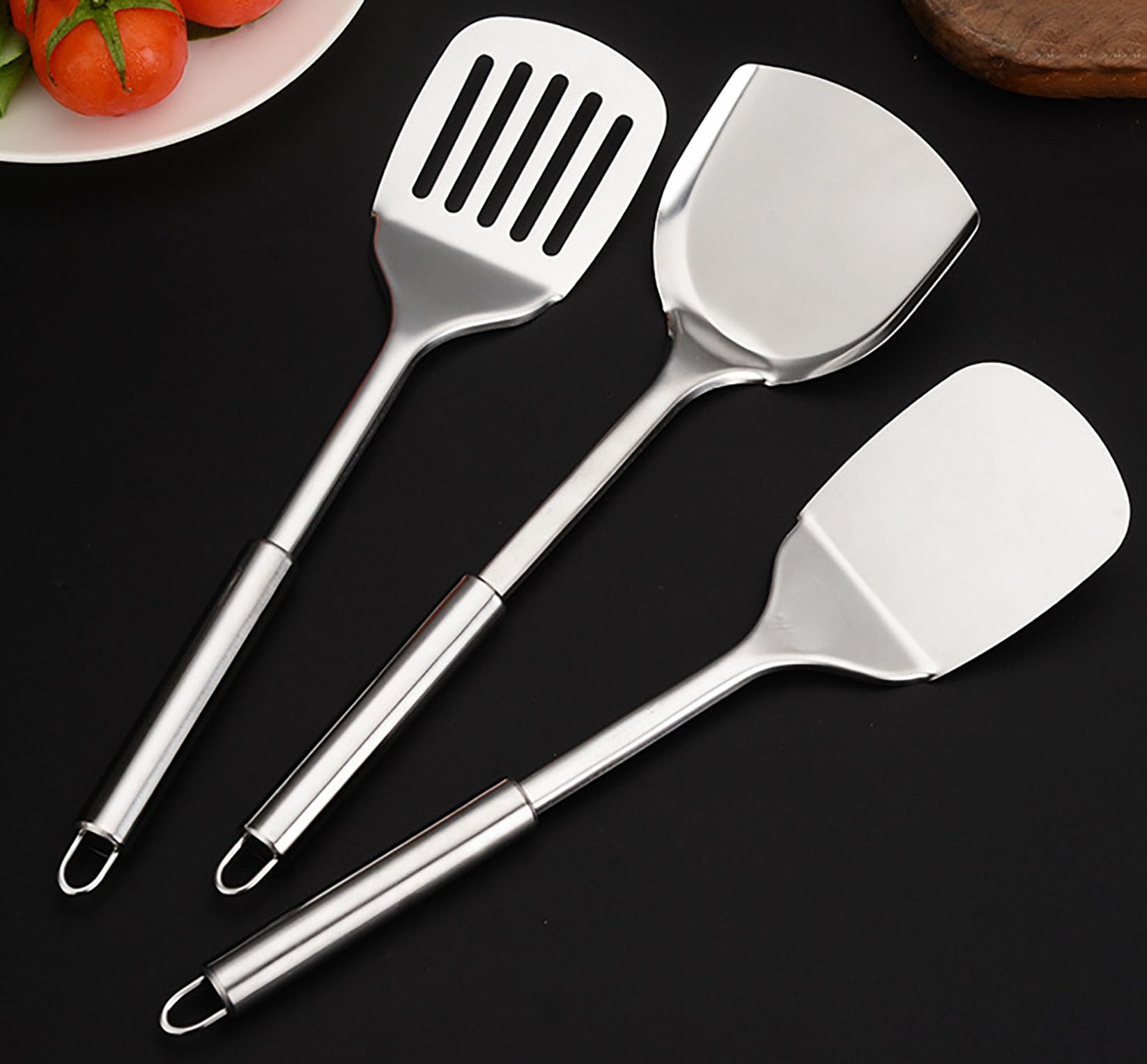 Set di 11 utensili da cucina in acciaio inox, utensili da cucina professionali con manici resistenti al calore, finitura lucida, design con foro per appenderlo, include spatole, cucchiai scanalati