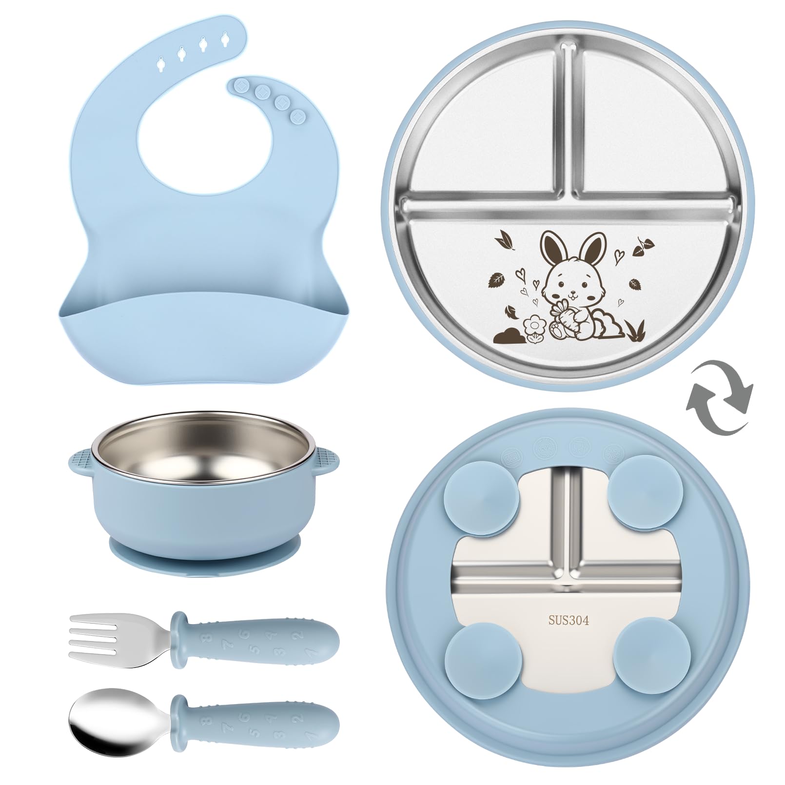 OXYEFEI Edelstahl Teller Baby,Kindergeschirr Set mit Tiermotiven Baby Teller mit Saugnapf Geburtstagsgeschenke für Babys, Taufgeschenke (Blau, Kaninchen)