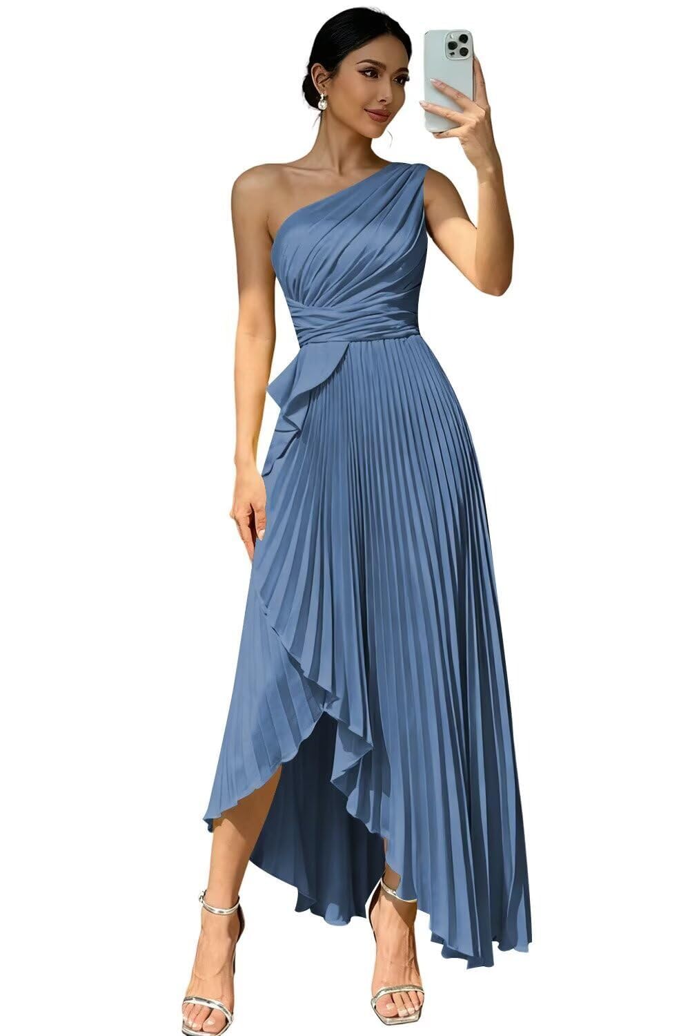 ZXFNIU One Shoulder Ruffle Satin Bridesmaid Dresses with Slit Pleated Prom Dress 2026 Long Cocktail Evneing Party Dress