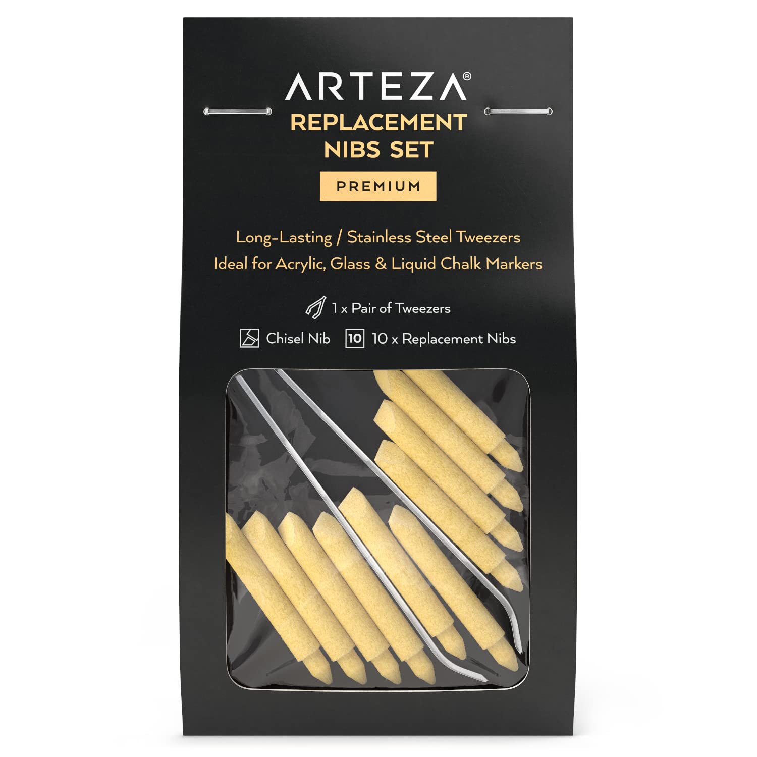 ARTEZA Marker Tip Set, 10 Chisel Nibs, Marker Nib Replacements for Acrylic, Glass, and Chalk Markers, Includes Stainless Steel Tweezers, Art Supplies for Teachers, Students, and Creatives