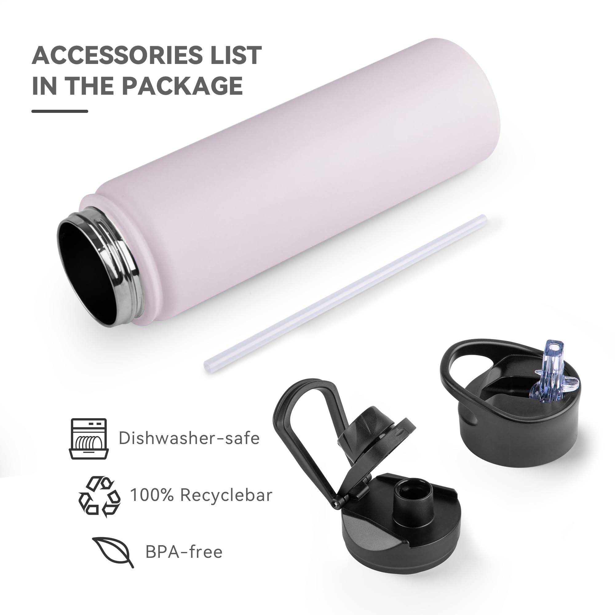 UMBFUN Insulated Water Bottle, 750ml 2 Lids (Straw Lid and Spout Lid) - Image 3