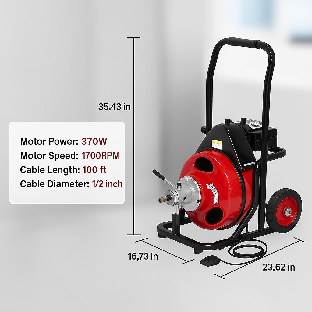 Auto-Feed 100 ft x 1/2" Drain Cleaner Machine, 370W Electric Sewer Snake Auger with Air-Activated Foot Switch, 8 Cutter Set & Portable Wheels, Fits 1"–4" Pipes, for Home & Commercial Use