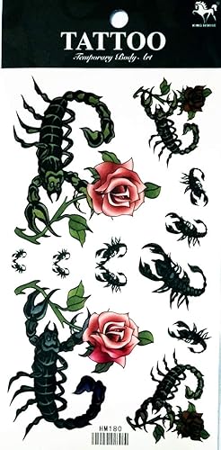 NipitShop - 1 hoja de pegatinas de tatuaje temporal de flores de escorpión sexy y coloridas, impermeables, transferencia de agua
