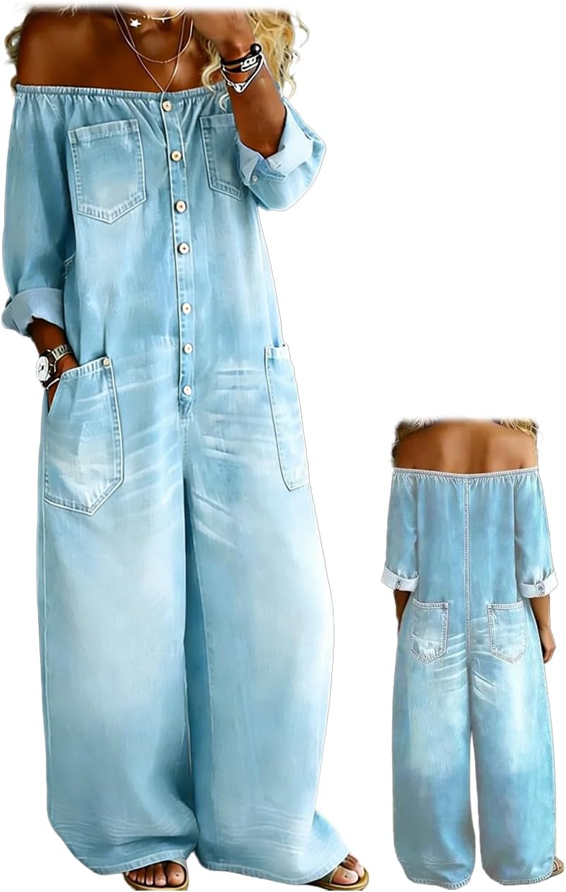 Denim Romper for Women Long Sleeve Off Shoulder Denim Jumpsuit Sexy Button Down Wide Leg Jean Overall with Pockets
