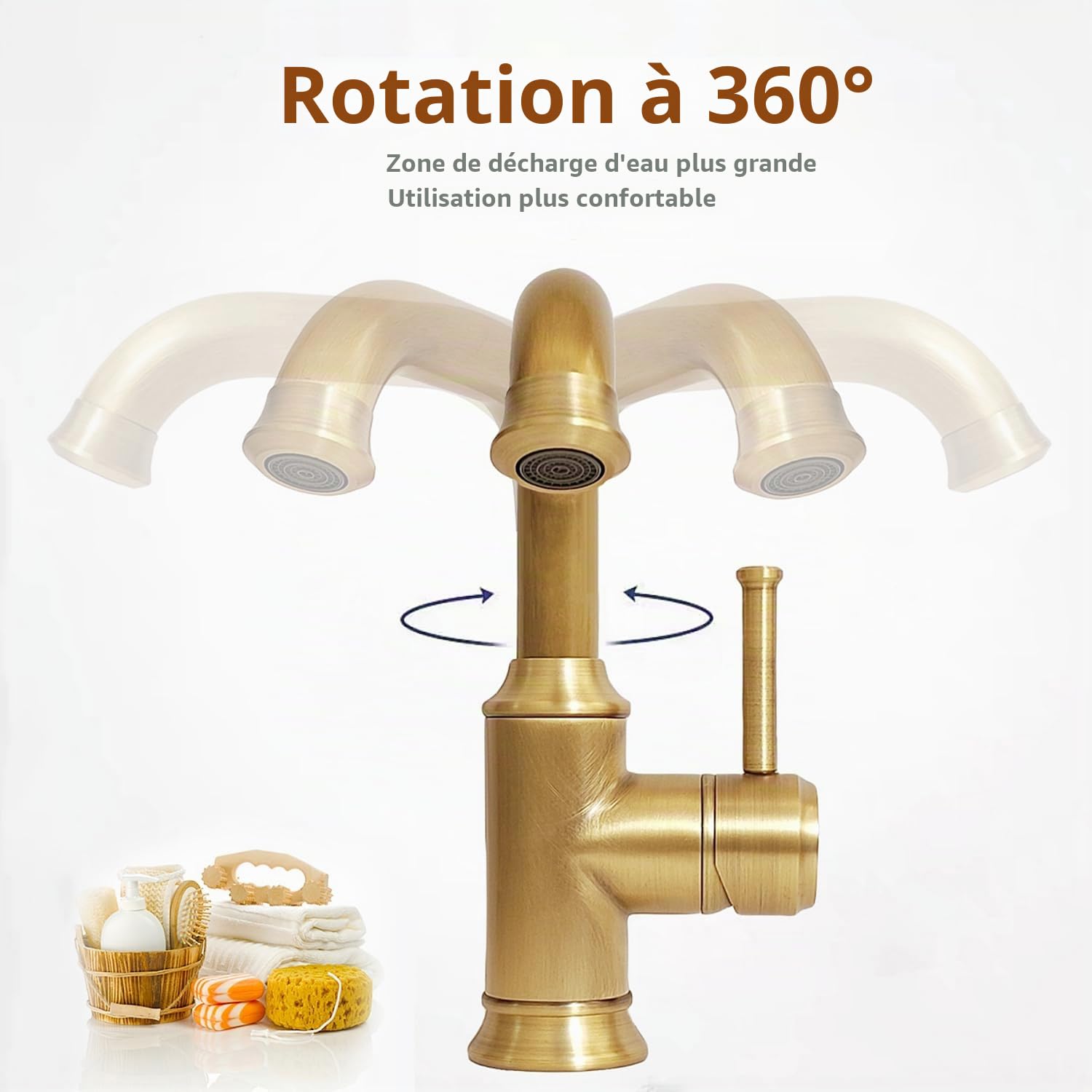 Rétro Robinet de Lavabo en Laiton Antique Pivoter à 360°