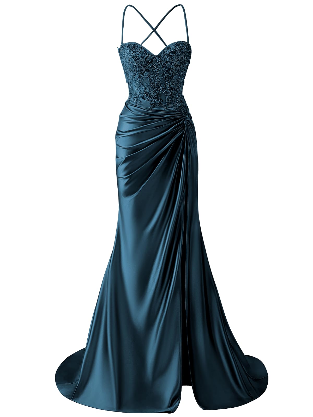 Bolodoo Women's Lace Applique Satin Prom Dress with Slit Mermaid Twist Corset Long Formal Gown