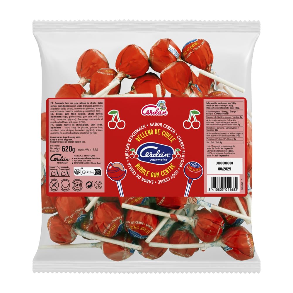 Caramelos Cerdán - Chupa Gigante Relleno de Chicle | Bolsa de 40 Unidades | Sabor Cereza Rojo | Caramelo Duro con Palo sin Gluten ni Alérgenos | Ideal para Fiestas, San Valentín y Cumpleaños
