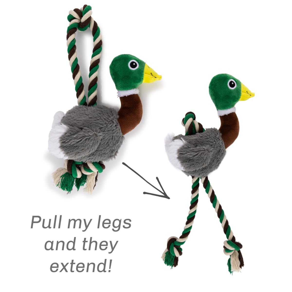 Mallard Duck Dog Toy, Plush Squeaky Tug Toy with Rope Legs & Crinkle Wings for Fetch Chew & Play, Green & Grey - Image 2