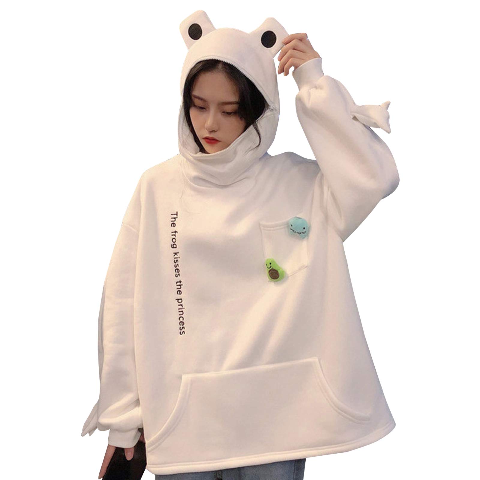 Huazhu Women's White Cute Frog Hoodie Novelty Oversized Loose Pullover Zip Up Hooded Top Sweatshirt With Pocket (, S)