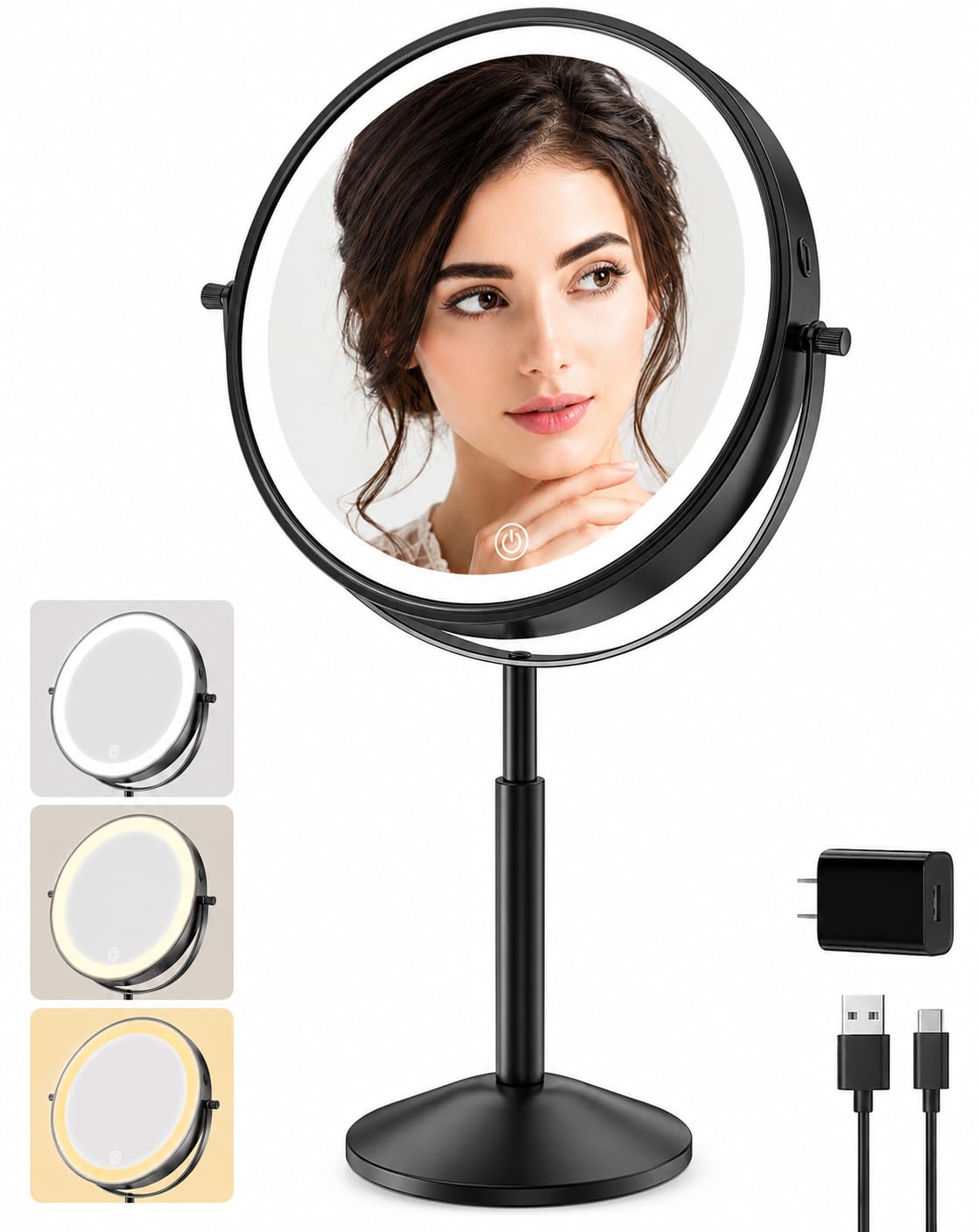 O'VANTAGE 9" Black Lighted Makeup Mirror, Rechargeable 1X/10X Vanity Mirror