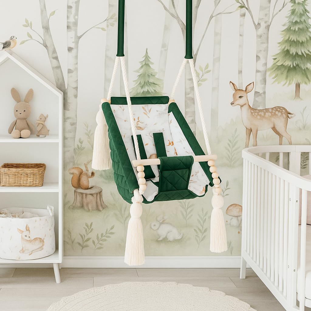 Altalena Bambino Verde Salvia Velluto, Amaca Interna 2m+, Personalizzabile con Nome Ricamato, Made in Europa, Sedile Appeso Sicuro 25kg