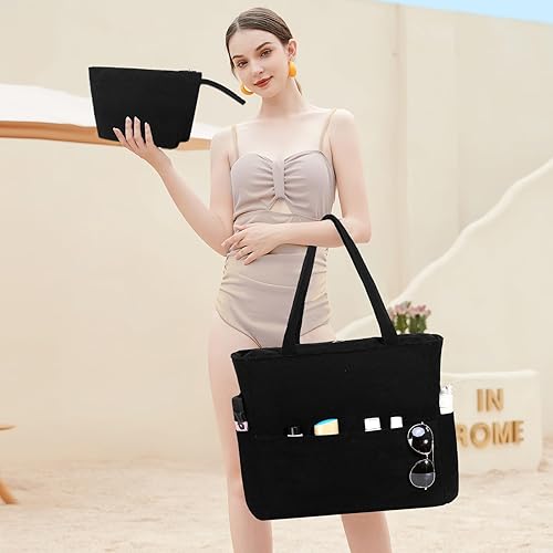 Miniatura 9 de LOIDOU Bolsa de playa grande impermeable a prueba de arena con cremallera y bolsillos húmedos, bolsa de hombro para profesores de viaje