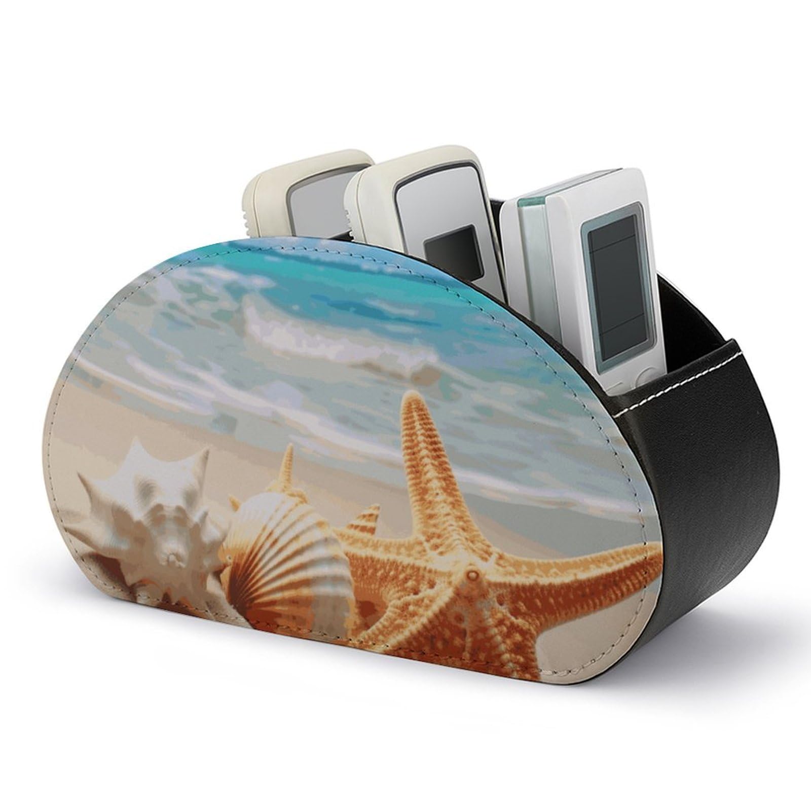 JTREHY PU Leather Remote Control Holder, Starfish Seashell Ocean Beach Printed Desktop Caddy Storage with 5 Compartments, Fits TV Remotes, Media Controllers, Office Supplies, Makeup Brush