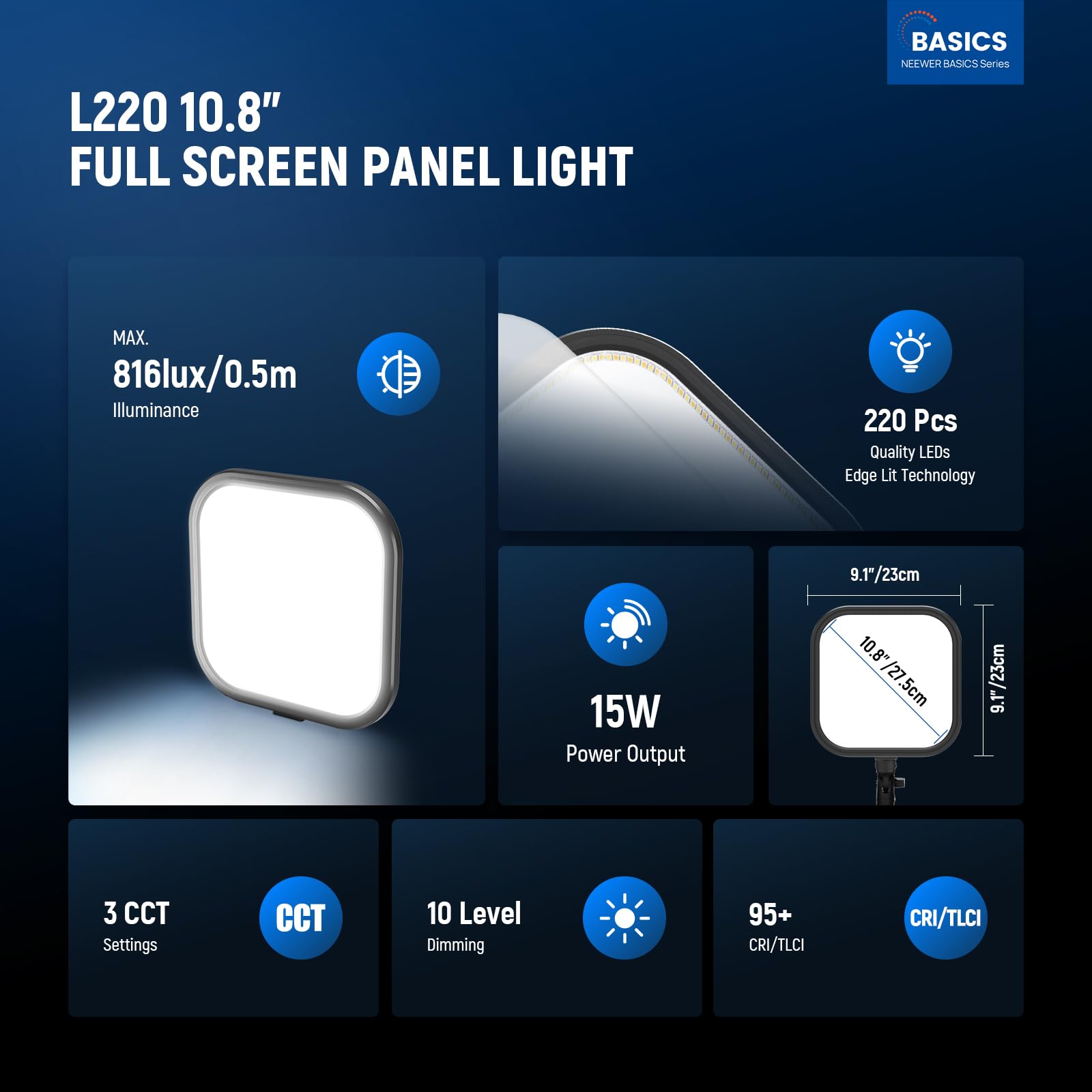 NEEWER Zestaw 2 paneli wideo LED 15 W 27,4 cm (10,8") ze statywami i uchwytami na telefon 160 cm, dwukolorowe oświetlenie studyjne o zmiennej intensywności 816 luksów CRI95+ do fotografii, L220