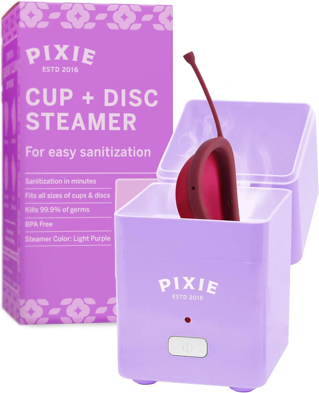 Pixie Menstrual Cup Sterilizer for Feminine Care - Ranked 1 for The Best Steamer - Kills 99.9% of Germs with Steam - Wash Your Period Disc or Cup in 3
