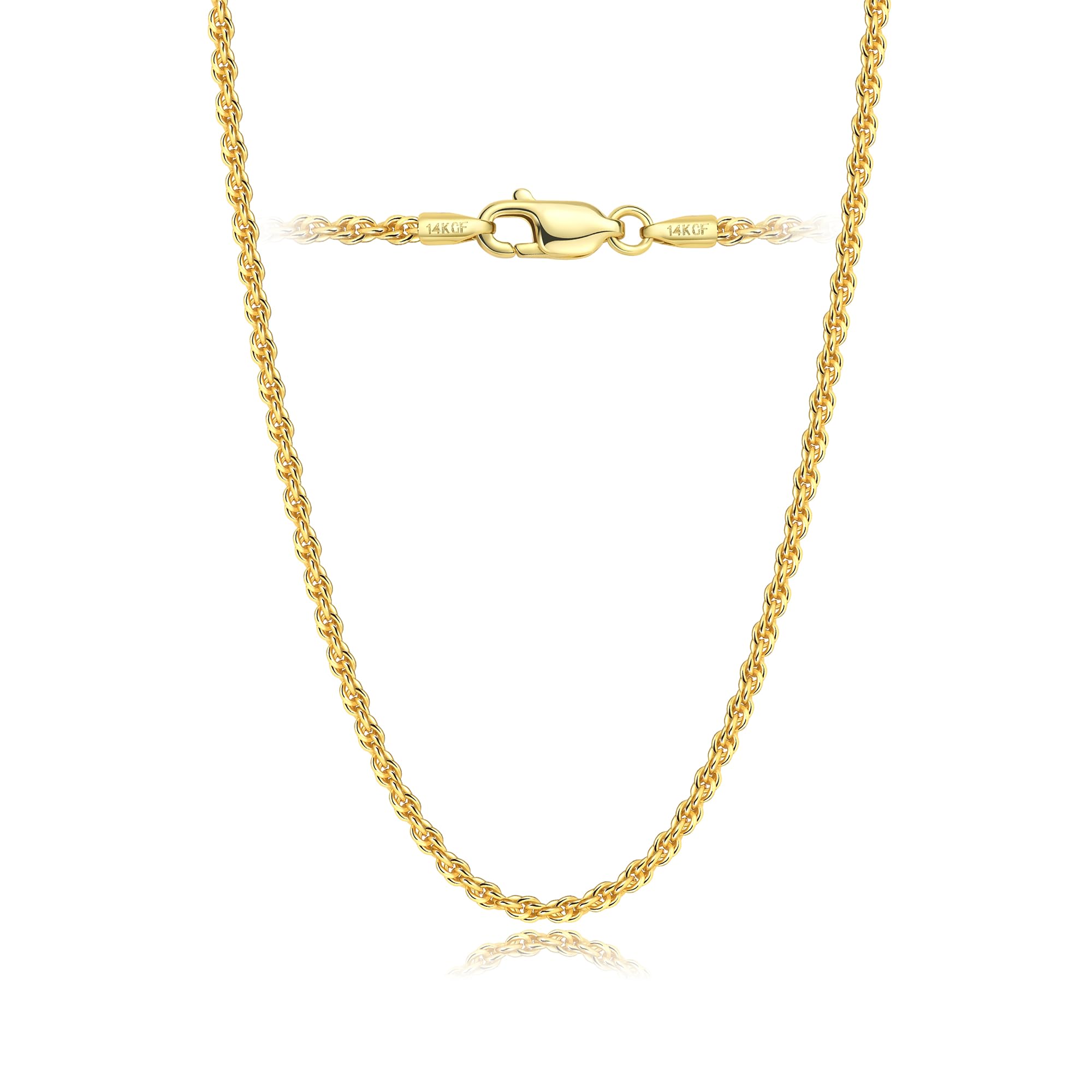 14K Gold Chain Necklaces for Women & Men, 2mm Simple Rope Link Chain for Womens Dainty Non-Tarnish Necklace Unisex Sizes 16-26 Inches Cadenas De Oro 14K Para Mujer