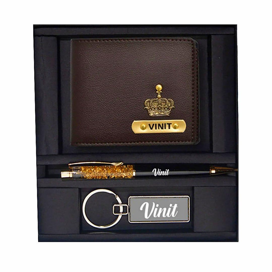 Premium Men's Personalized Wallet with Name & Charm | Combo Giftset for Men | Customized Leather Purse,Pen,Keychain Combo Gift Hamper | Birthday Anniversary Valentine Gift for Men (Brown)