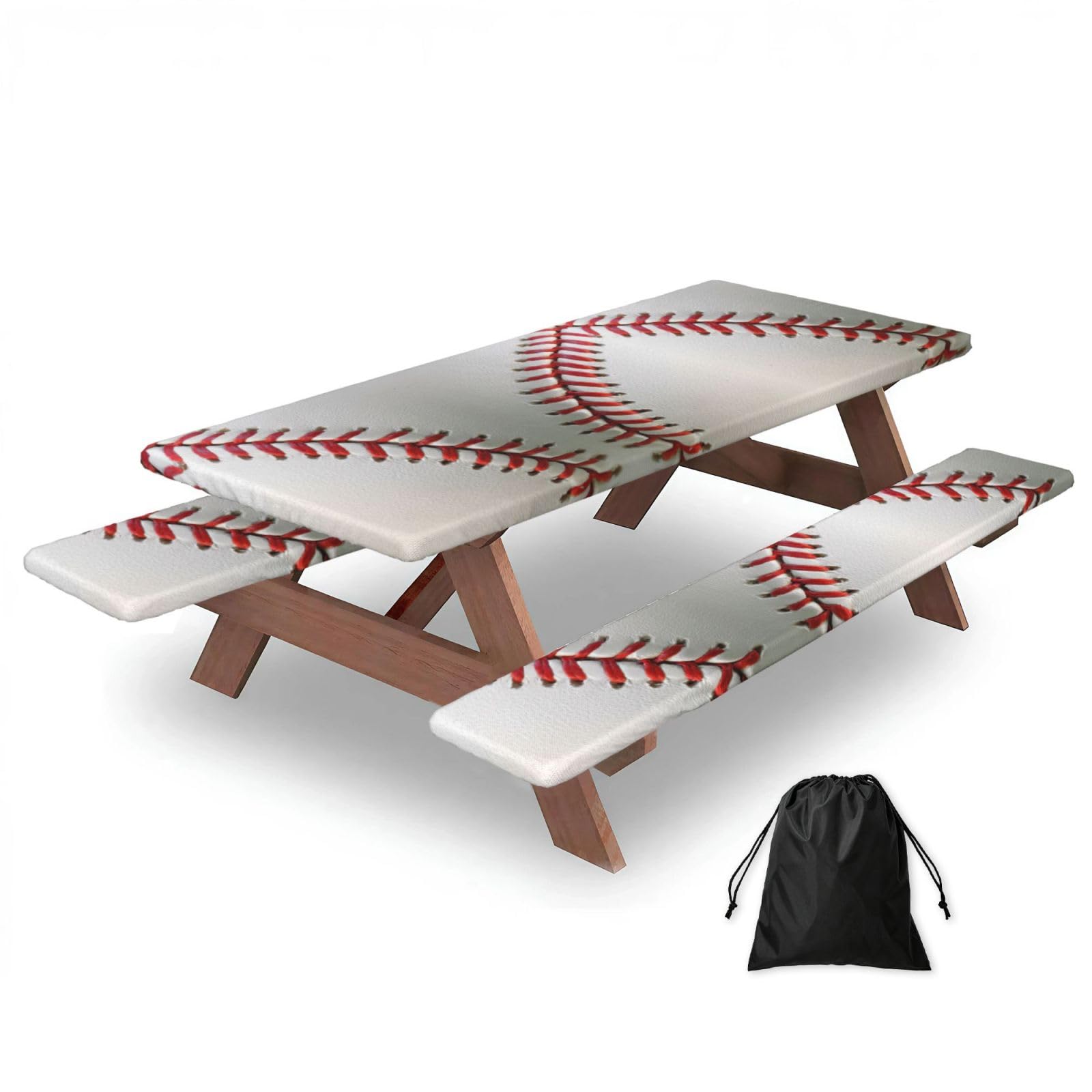 Zyjhyy Black Sport Ball Baseball Print Party Table Covers With Bench Covers Set Of 3 Picnic Table Cloth Wipe Clean For Garden Camping