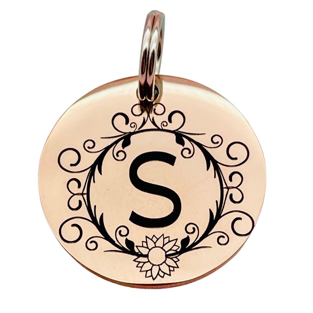 Personalised Monogram Pet ID Tag – Stainless Steel Dog & Cat Name Tag with Initial – Custom Engraved Contact Details – Silver, Gold or Rose Gold – 20mm, 25mm or 30mm