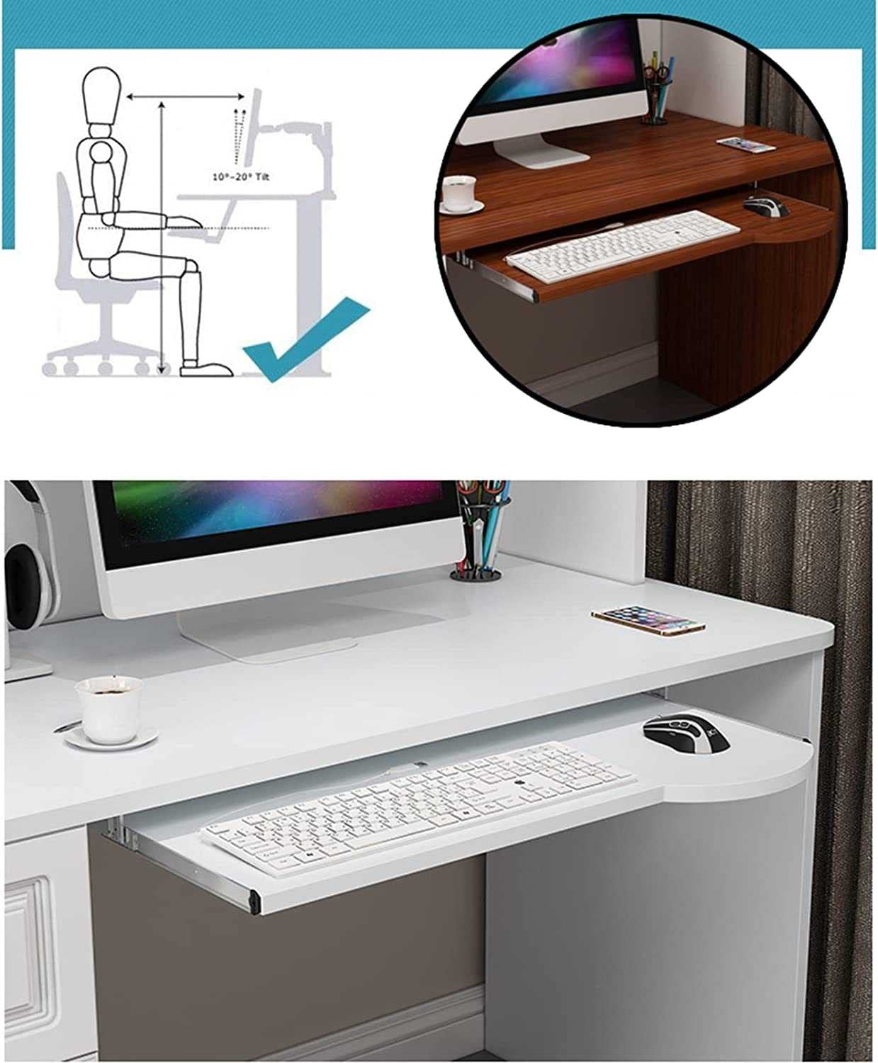 Tablette coulissante pour Clavier, tiroir pour Clavier avec Support réglable en Hauteur, Plateau pour Clavier en Bois Coulissant sous Le Bureau, rallonge de Bureau Support Clavier et Souris