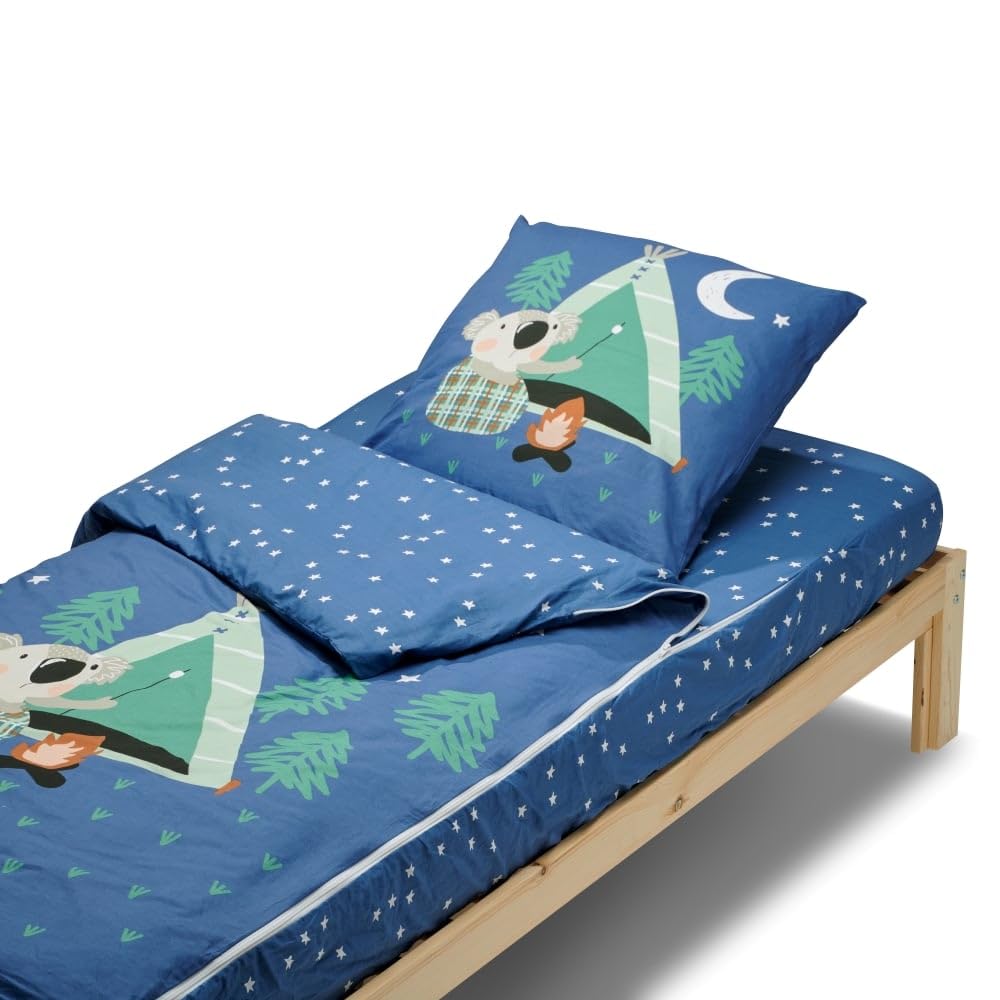Bleu Câlin Caradou® Koala - Juego de Cama Infantil (3 Piezas, sin edredón, 90 x 190 cm, algodón), Color Azul