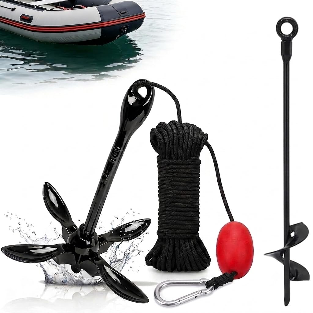 Ancoraggio per barca, 1,59 kg, pieghevole, con corda da 12 m, moschettone e ancoraggio a spirale, per SUP e gommoni