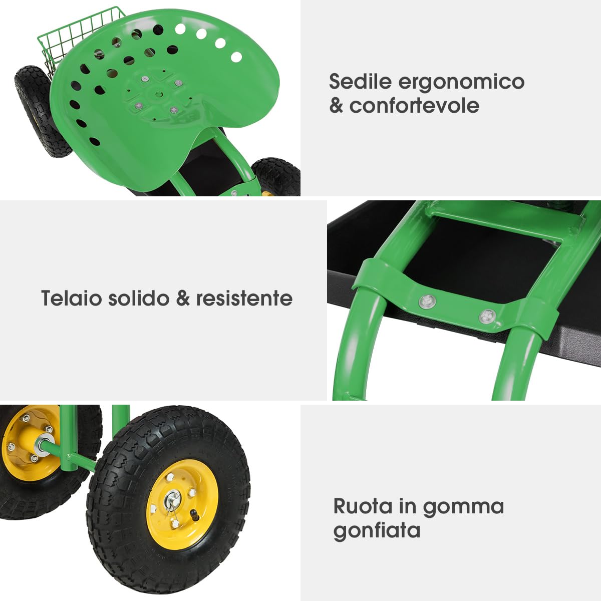 COSTWAY Sgabello da Giardino, Sgabello per Giardinaggio con Ruote, Sedile Regolabile in Altezza e Girevole a 360°, Cestello e Vassoio, Carrello per Prato e Giardino, Portata 150 kg(Verde)